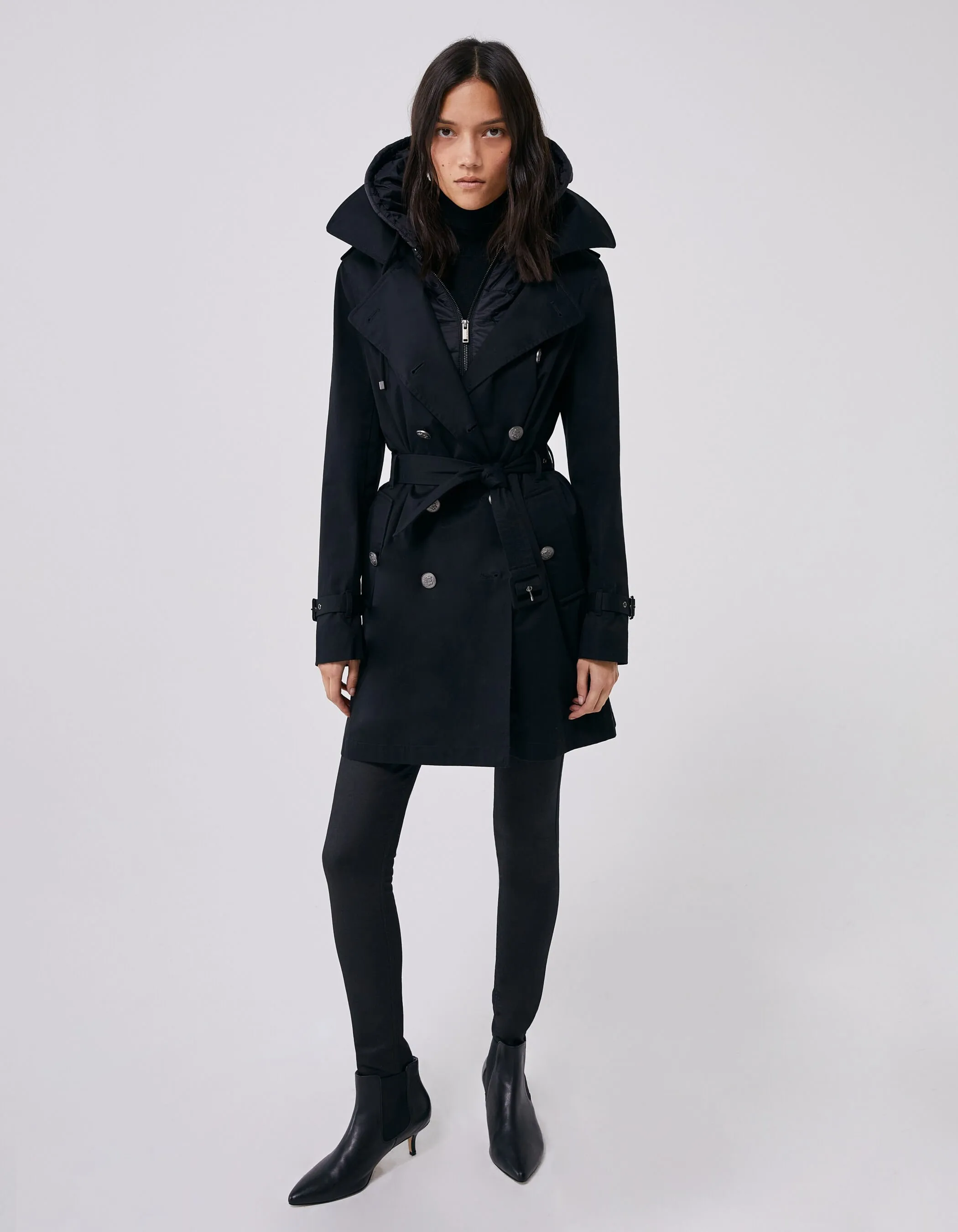 Long Cotton Trench Coat with Removable Hood for Women.