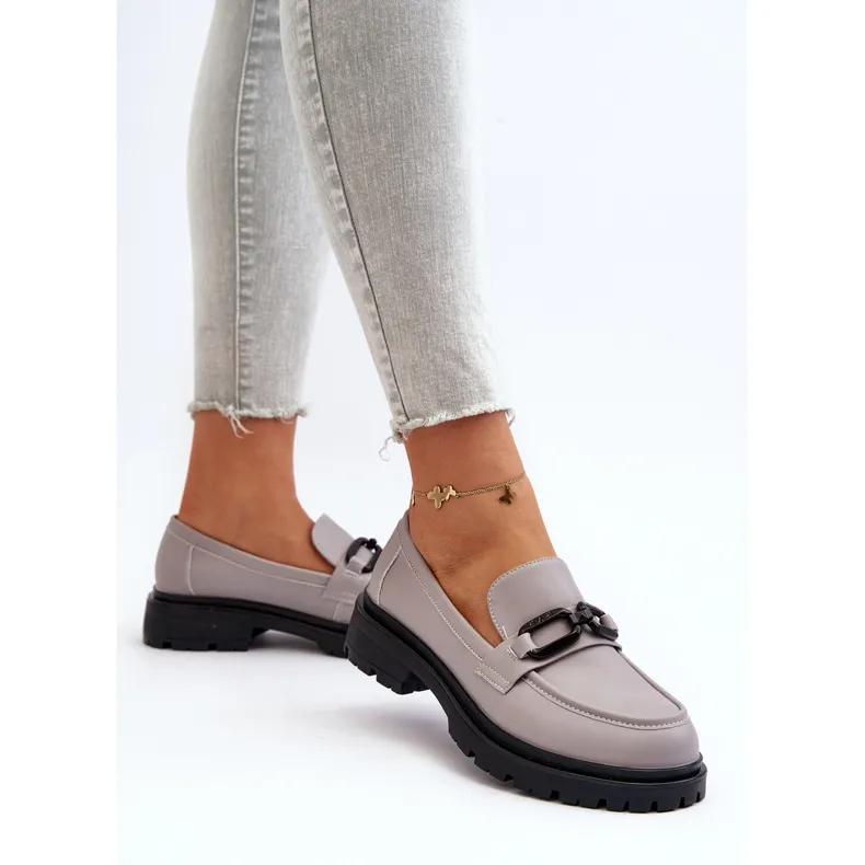 Vinceza Gray Natural Leather Women's Loafers - Imbleria