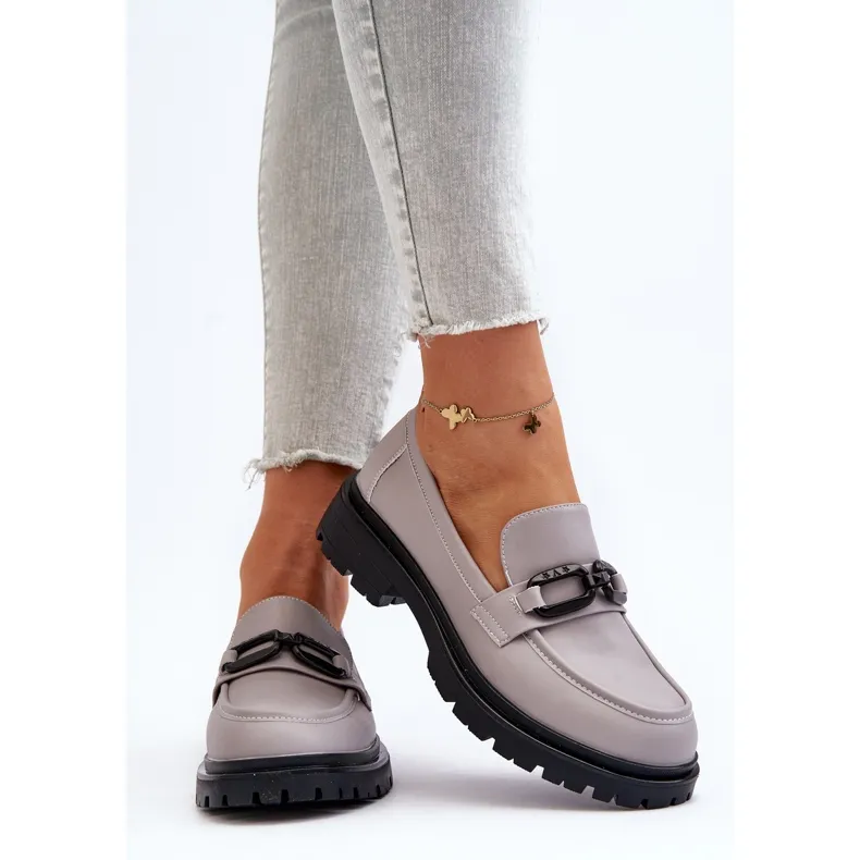 Vinceza Gray Natural Leather Women's Loafers - Imbleria