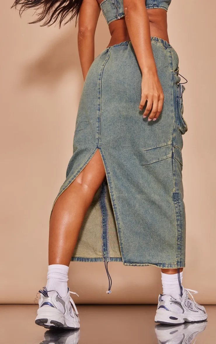 Vintage indigo denim cargo midi skirt with elastic waistband and pockets