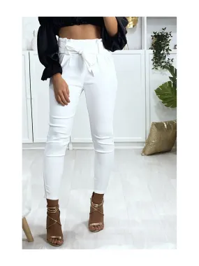 White cigarette pants with belt and pleats