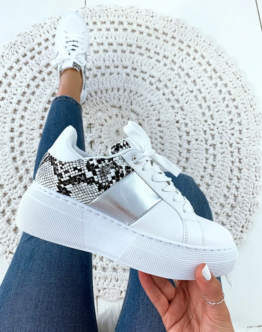 White Croc Detail Metallic Grey Sneakers