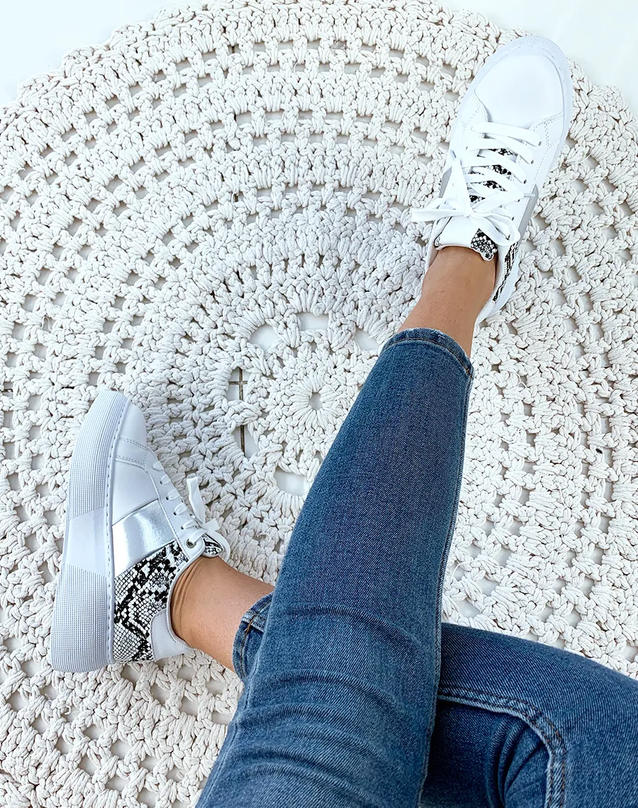 White Croc Detail Metallic Grey Sneakers