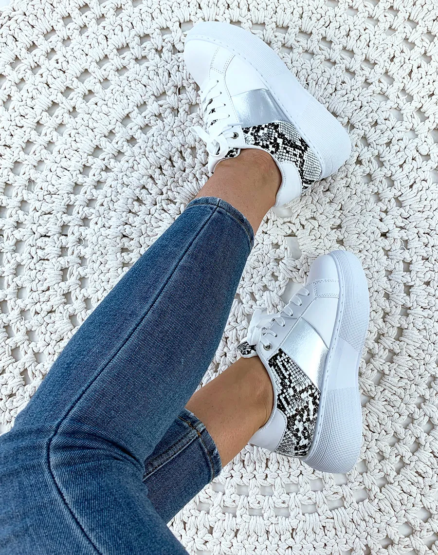 White Croc Detail Metallic Grey Sneakers