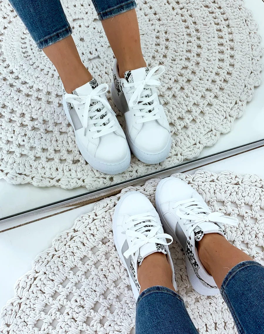 White Croc Detail Metallic Grey Sneakers